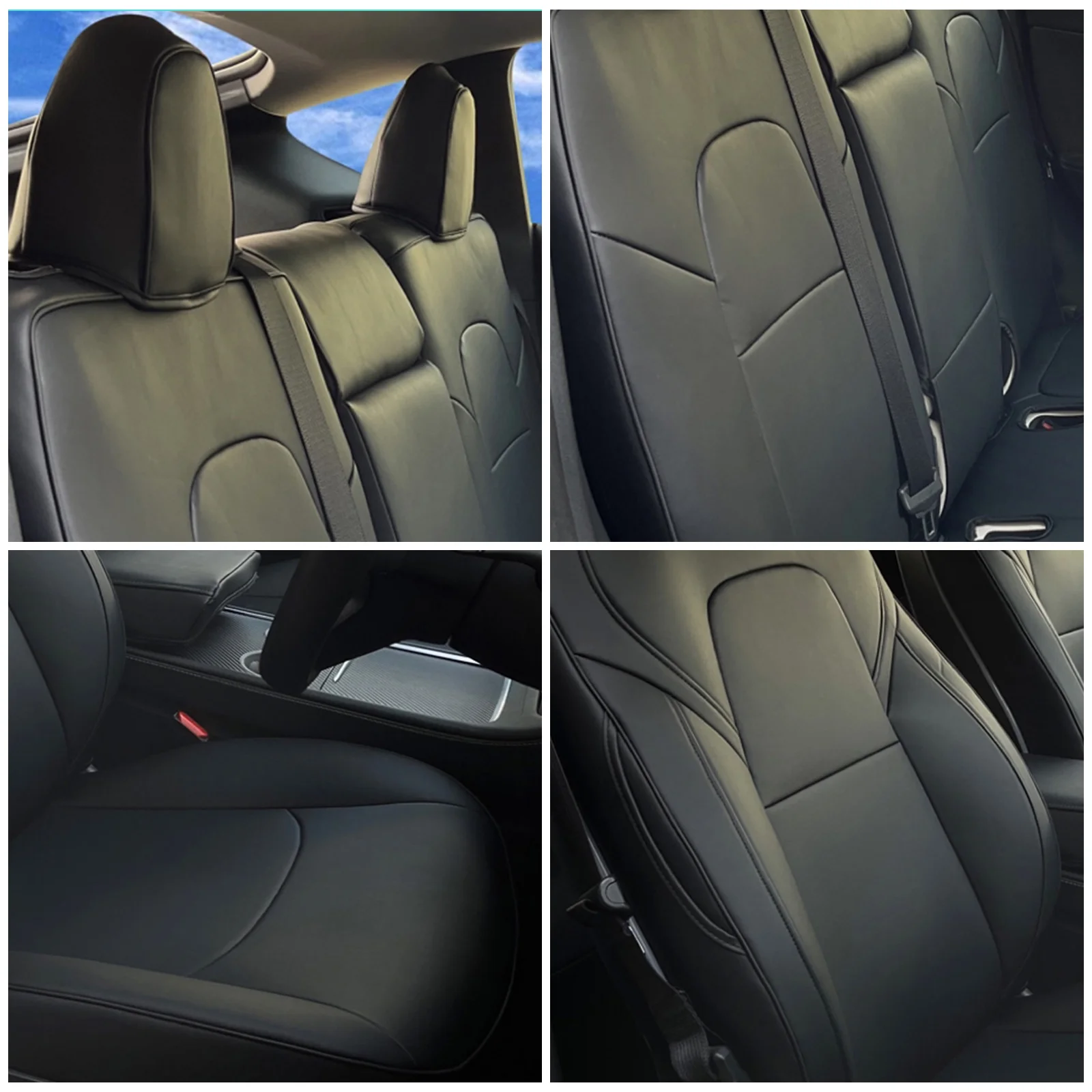 Ikon Motorsports Full Set Car Seat Covers Compatible With 2020-2023 Tesla Model Y 4-Door, Black Leather Front & Rear 5-Seat Seat Cover Cushion Protectors 11PCS