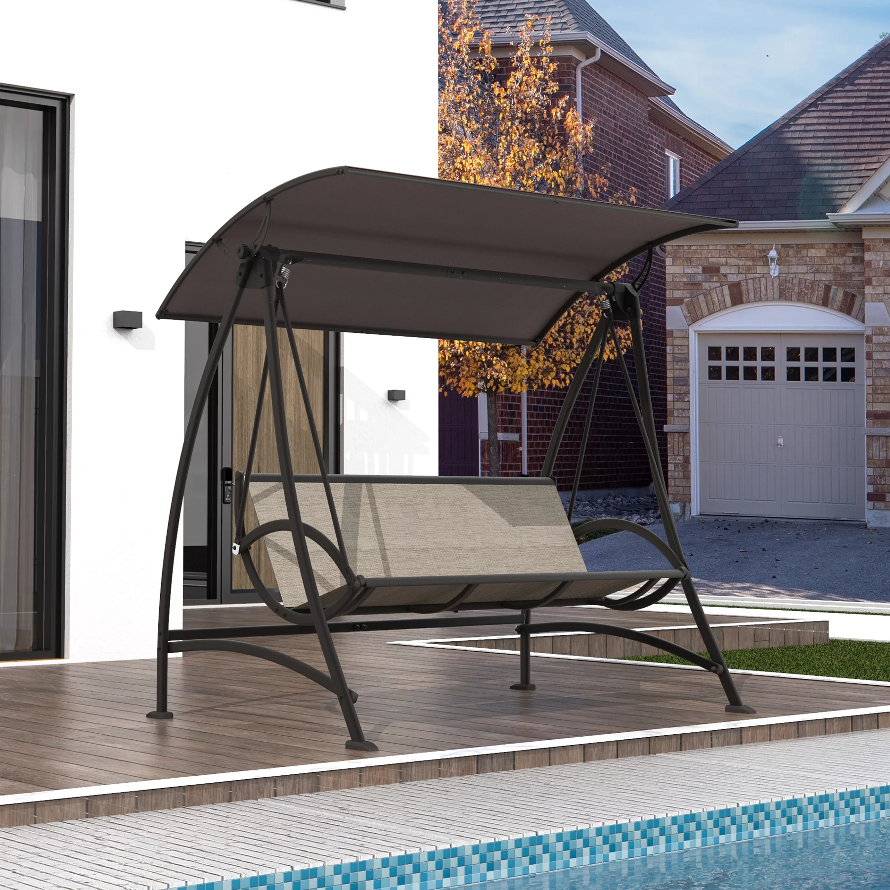 Domi Porch Patio Swing with Adjustable Canopy, 3-seat Swing with Stand, Outdoor Swings w/Armrests, Weather Resistant Steel Frame and Textilene Fabric
