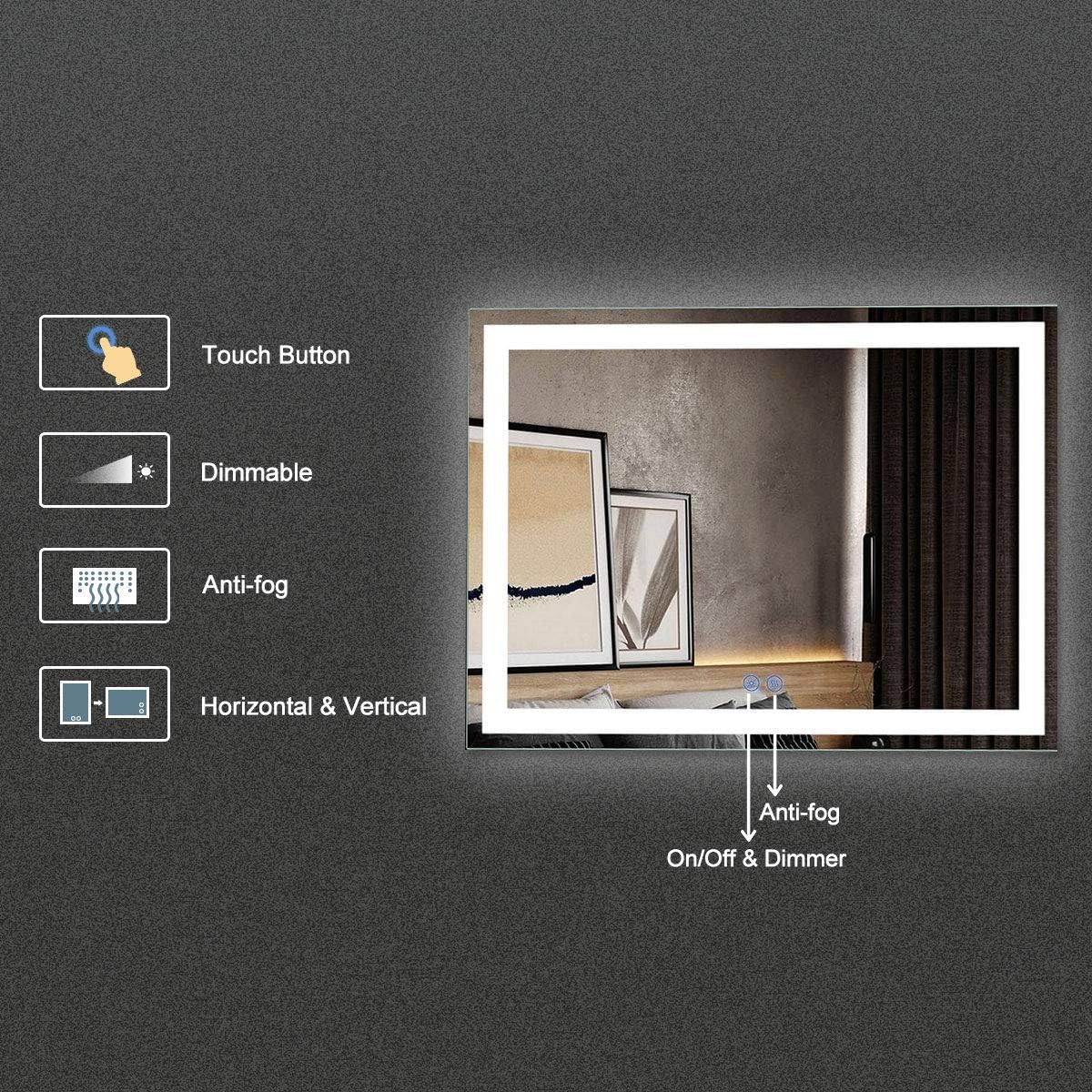 BHBL 60 x 36 Inch Illuminated LED Bathroom Mirror with Smart Button, Anti Fog, Dimmable, Bluetooth Speakers, Vertical & Horizontal Mount, Hotel Office Bar Mirror (D224-6036A)