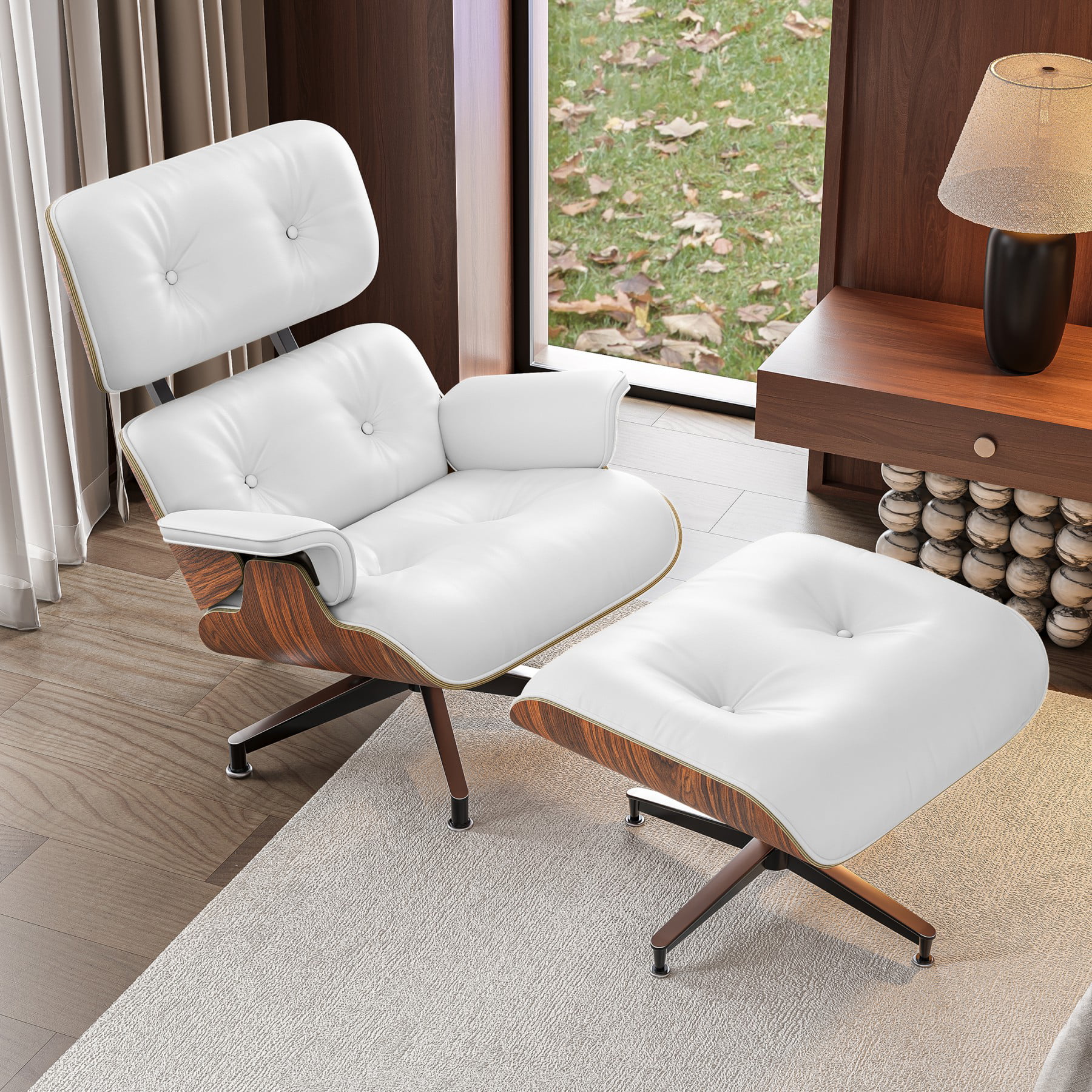 Mid Century Lounge Chair,Top Grain Leather Sofa for Living Room, Indoor Modern Lounge Chair and Ottoman Set, Chaise Lounge for Office, Study