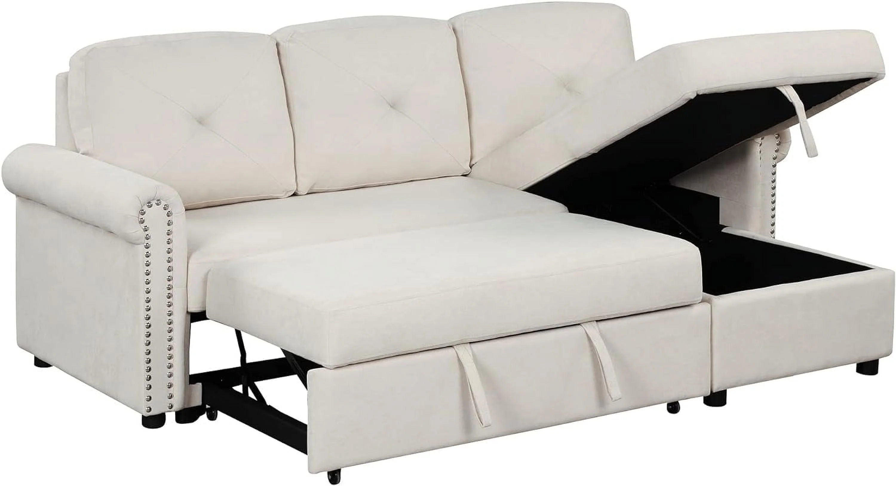 Convertible Pull-Out Sleeper Sofa Bed W/Storage Chaise Lounge, L-Shape 3-Seat Linen Corner Sofa Couch With Button Tufted Design And Copper Nailhead Trim (Beige)