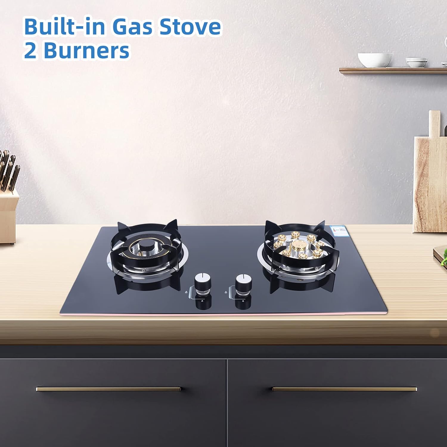 Kitchen Gas Cooktop Stove 2 Burners Propane Stove Tempered Glass Built-In LPG/NG Gas Stove 730 * 410mm Natural Gas Cooker Gas Cooktop with Flame-out Protection for Apartmen Kitchen 110V