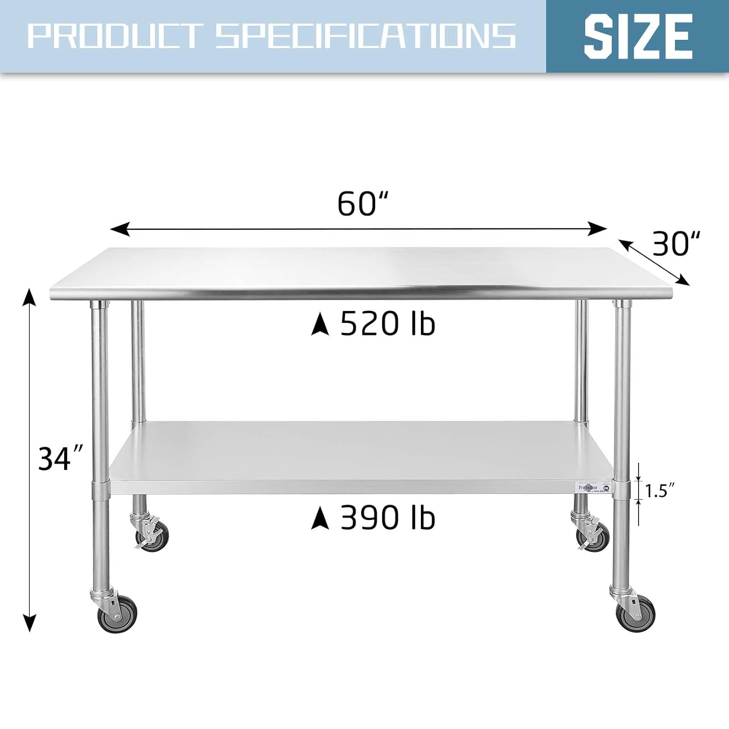 Hally Stainless Steel Table for Prep & Work 24 x 36 Inches with Caster Wheels, NSF Commercial Heavy Duty Table with Undershelf and Galvanized Legs for Restaurant, Home and Hotel
