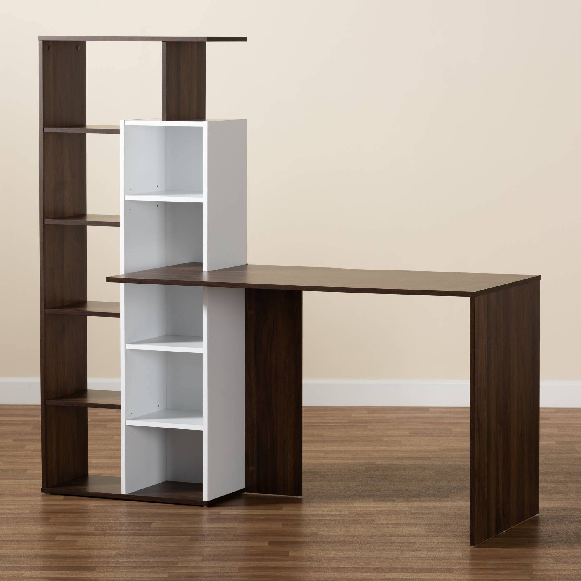 Baxton Studio Rowan Modern and Contemporary Two-Tone Finished Wood Storage Computer Desk with Shelves White u0026 Walnut Brown