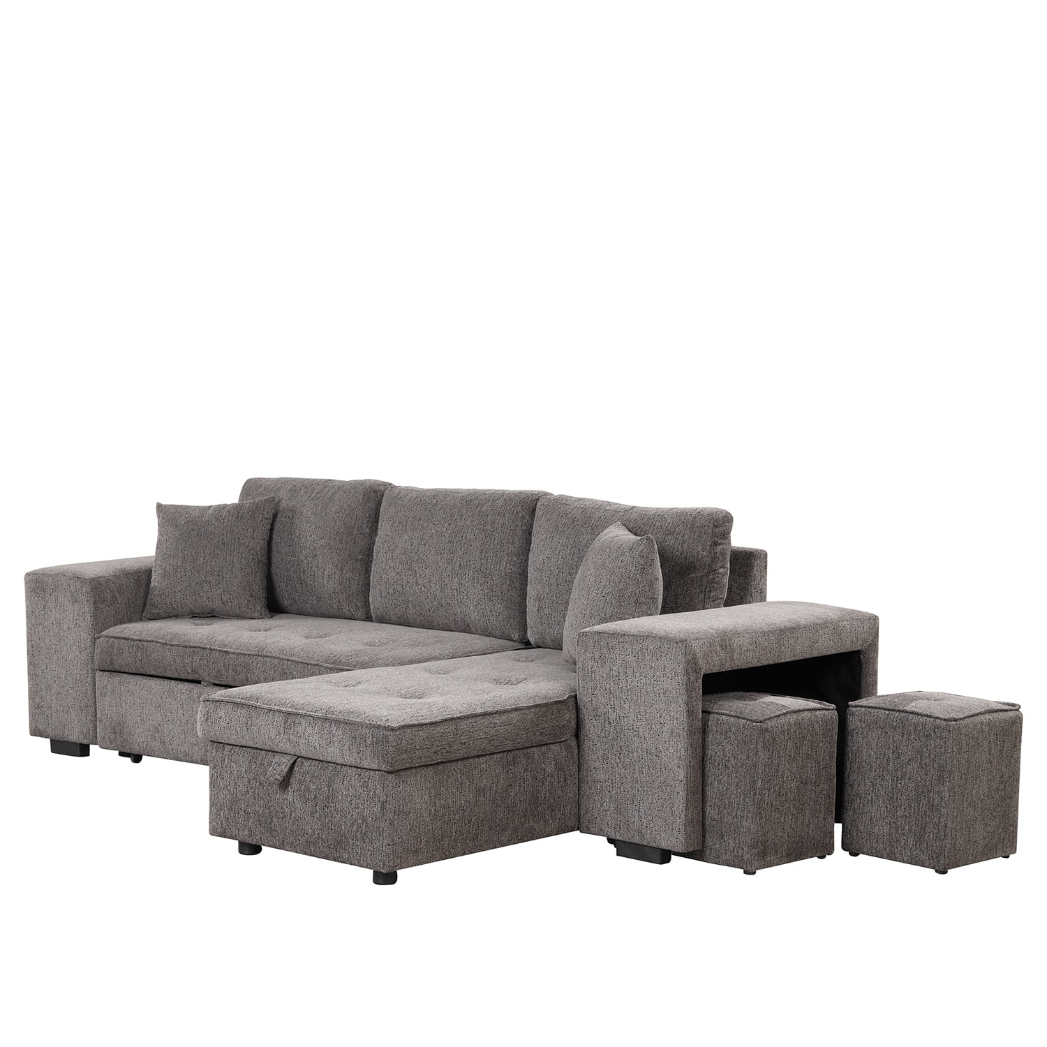 Churanty 104" Reversible Sectional Couch with Pull Out Bed,L Shape 3 Seat Sleeper Sofa with Storage Chaise and 2 Stools for Living Room,Knox Charcoal
