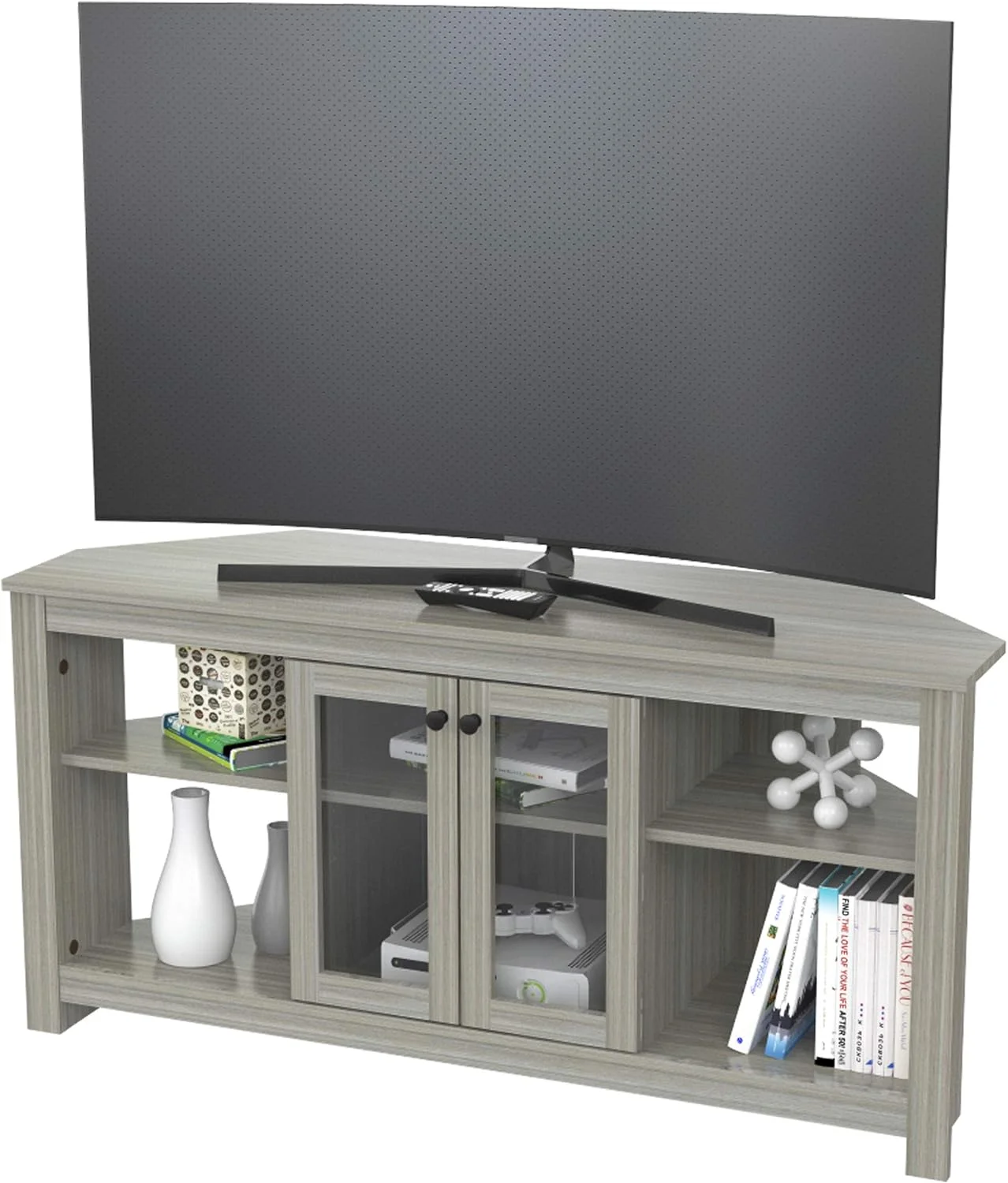 Corner TV Stand With Glass Doors, Oak