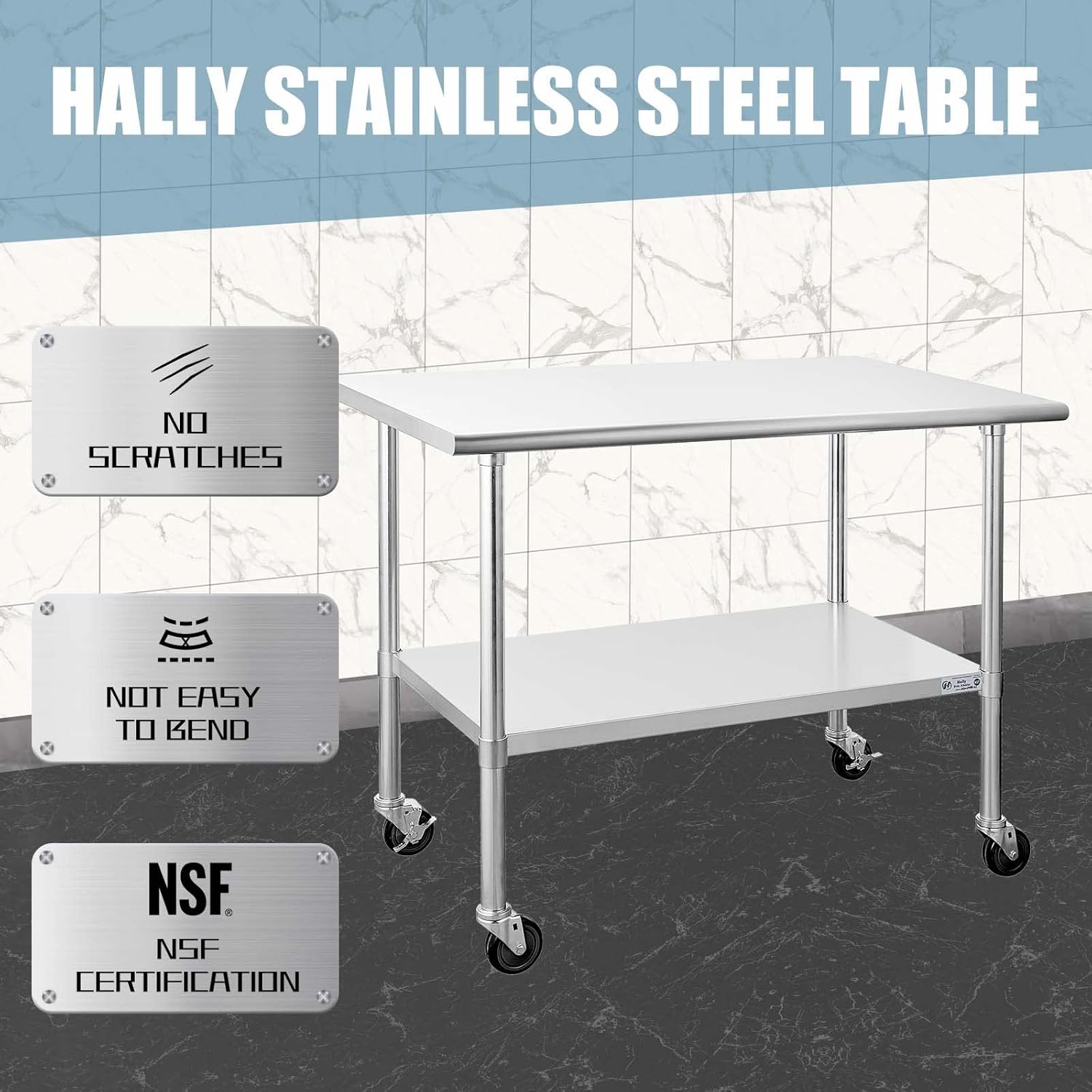 Hally Stainless Steel Table for Prep & Work 24 x 36 Inches with Caster Wheels, NSF Commercial Heavy Duty Table with Undershelf and Galvanized Legs for Restaurant, Home and Hotel