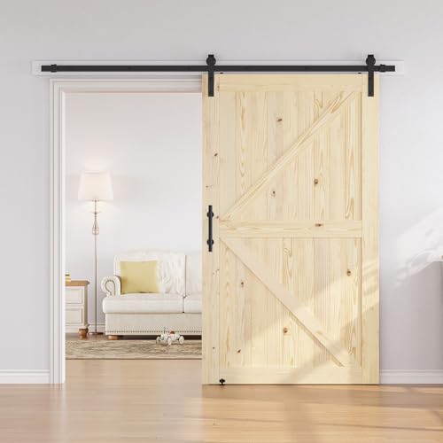SMARTSTANDARD 36in x 84in Sliding Barn Door with 6.6ft Barn Door Hardware Kit Included, Unfinished Solid Spruce Wood Door, Assembly Required, DIY, Stainable, Natural