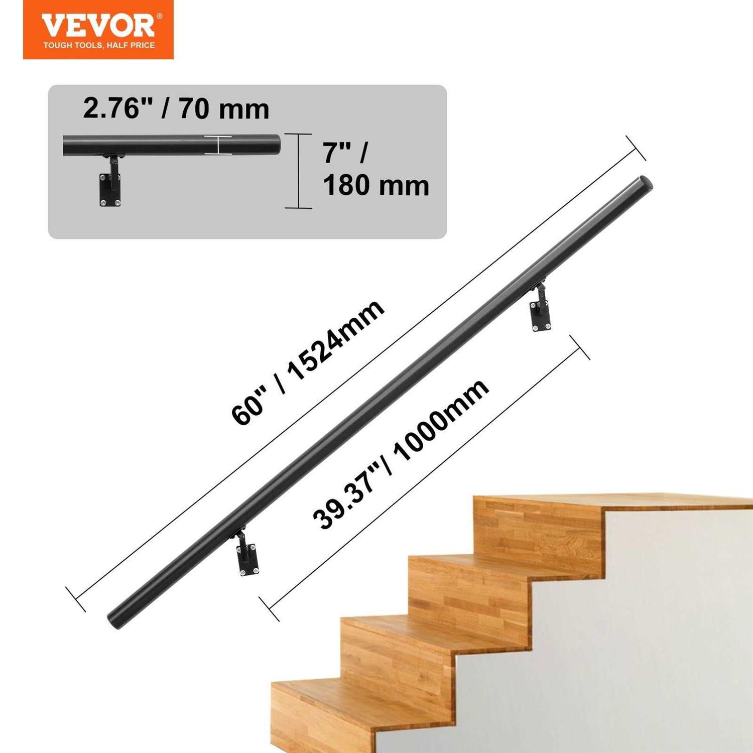 VEVOR Handrail Stair Railing 7 in. H x 60 in. W Wall Mount Handrails Black Aluminum Alloy Handrails for Indoor Stairs - Shop Hardware Tools Online Store