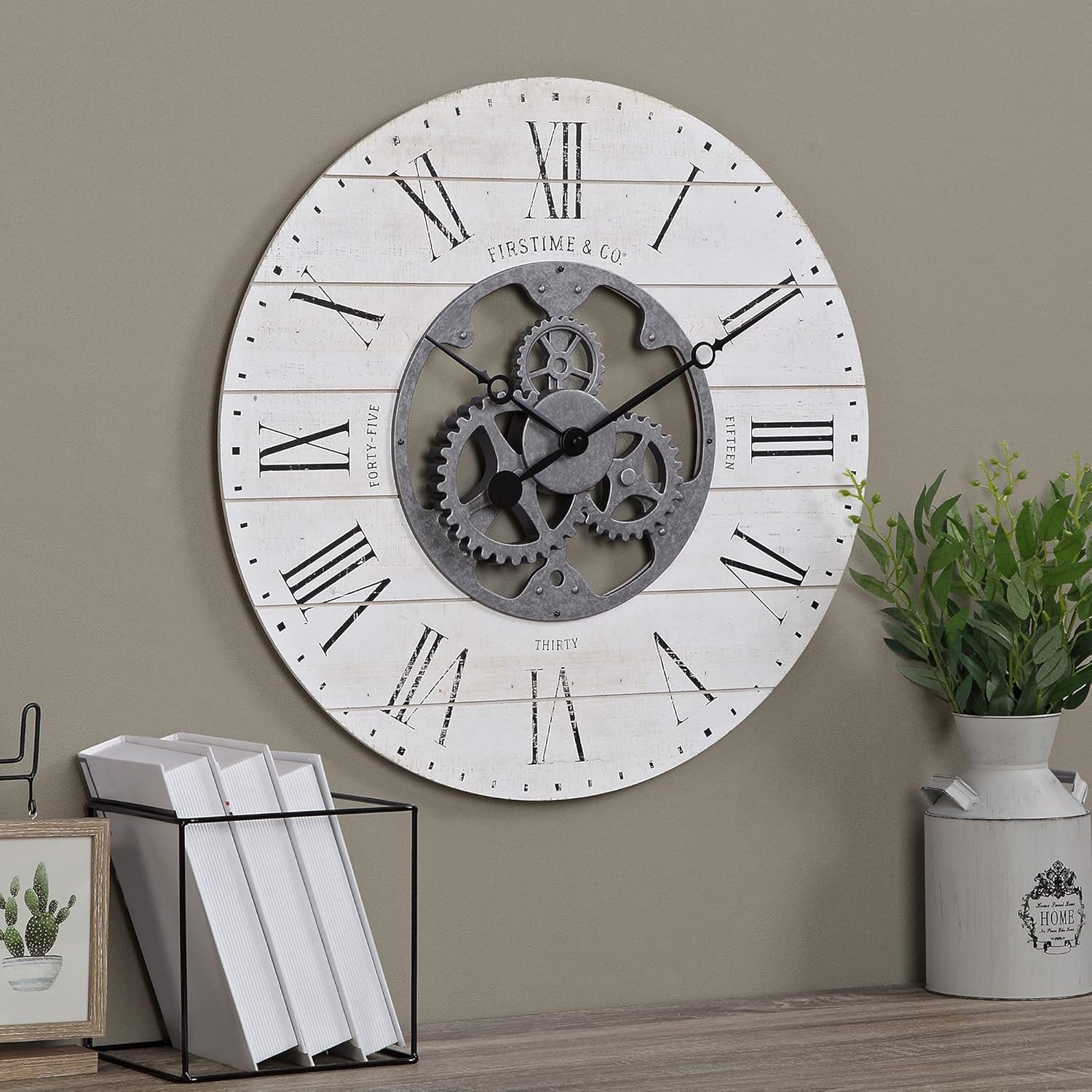 FirsTime & Co.® Black Shiplap Gears Farmhouse Wall Clock, American Designed, Black, 27 x 2 x 27 inches