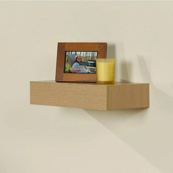 Wallscapes Shelf with Drawer 19 in. x 9.875 in. Floating Oak Finish Modern Decorative Shelf