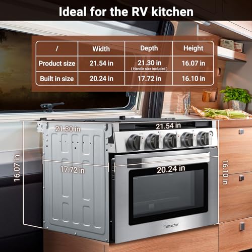 AMZCHEF 21 Inch RV Gas Range Stove 12V. Gas Range Oven for RV Use with 3 Burners, 1.77 Cu.Ft. Capacity Gas Oven, 28,100BTU, Open Flame Configuration, Knob work indicator, Heavy Duty Cast Iron Grates