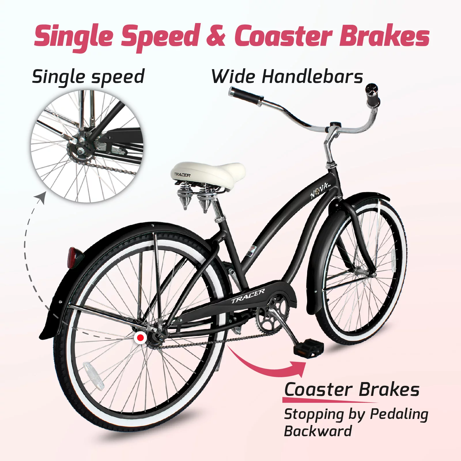 2023 TRACER Nova Beach Cruiser Bike for Women, 26 Inch Wheels, Hi Ten Steel Frame, 1 Speed, Coaster Brake, Hybrid Bike for Adults, Complete Cruiser Bikes, Matte Black Color