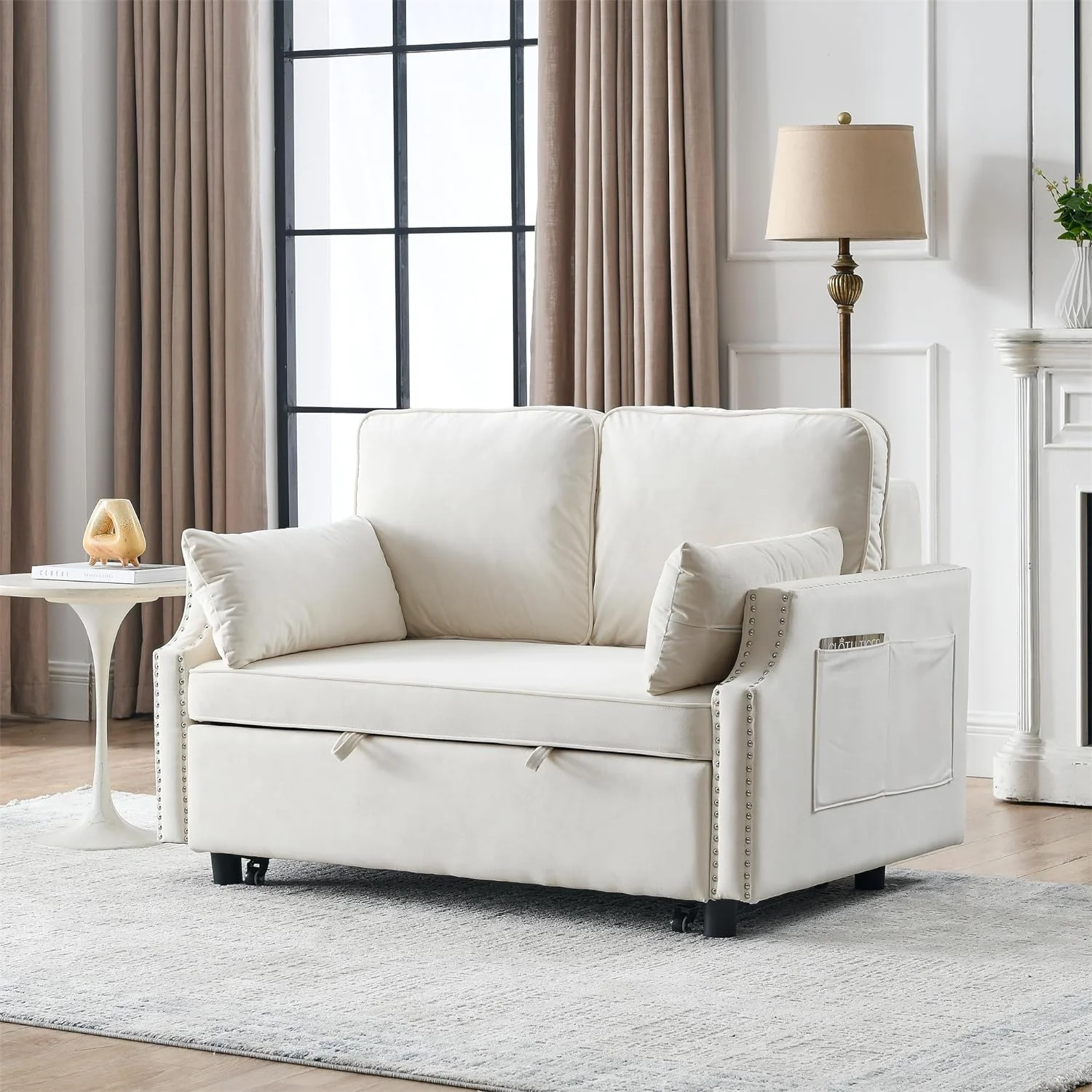 Convertible Sleeper Sofa With Pull Out Bed, 3-In-1 Velvet Small Loveseat With Nailhead Design & Side Storage Pockets, 2 Seat Loveseat Sleeper Sofa Bed For Small Space, Living Room