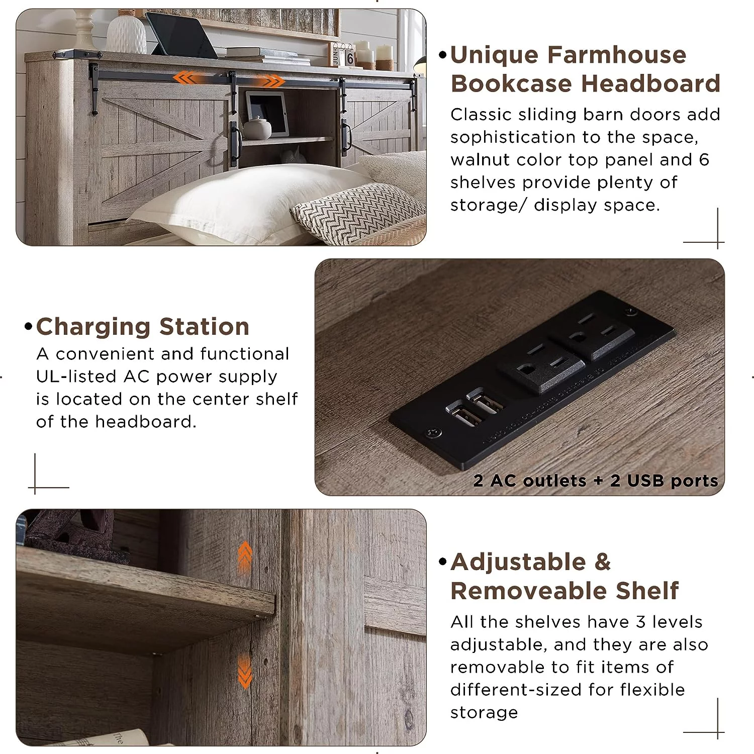 OKD Modern Farmhouse Full Platform Bed with Bookcase Headboard Storage and Charging Station, No Box Spring Needed, Anitique White Finish