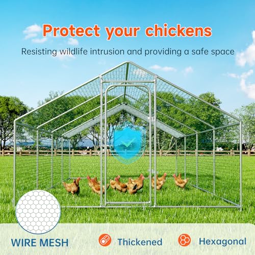 Large Metal Chicken Coop, Chicken Run Poultry Cage Hen with Water-Resident and Anti-UV Cover for Duck Rabbit House Outdoor Walk-in Chicken Pen for Yard, Dome Roof(10’ W x 19.7’ L x 6.4’ H)