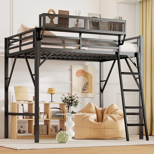 Full Size Loft Bed with Stairs and Storage, Metal Loft Bed Frame with Bedside Shelf and Large Under-Bed Space, Heavy-Duty Bed for Adults Teens and Kids, Black