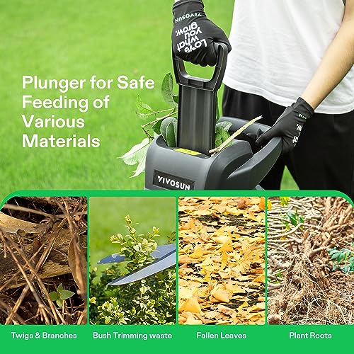 VIVOSUN 15-Amp Electric Wood Chipper Shredder with 1.77" Hopper & 50L Collection Bag, Includes Plunger, Extra Carbon Blades, Safety Goggles & Gloves for Yard Waste, Branches, and Leaves (Grey)