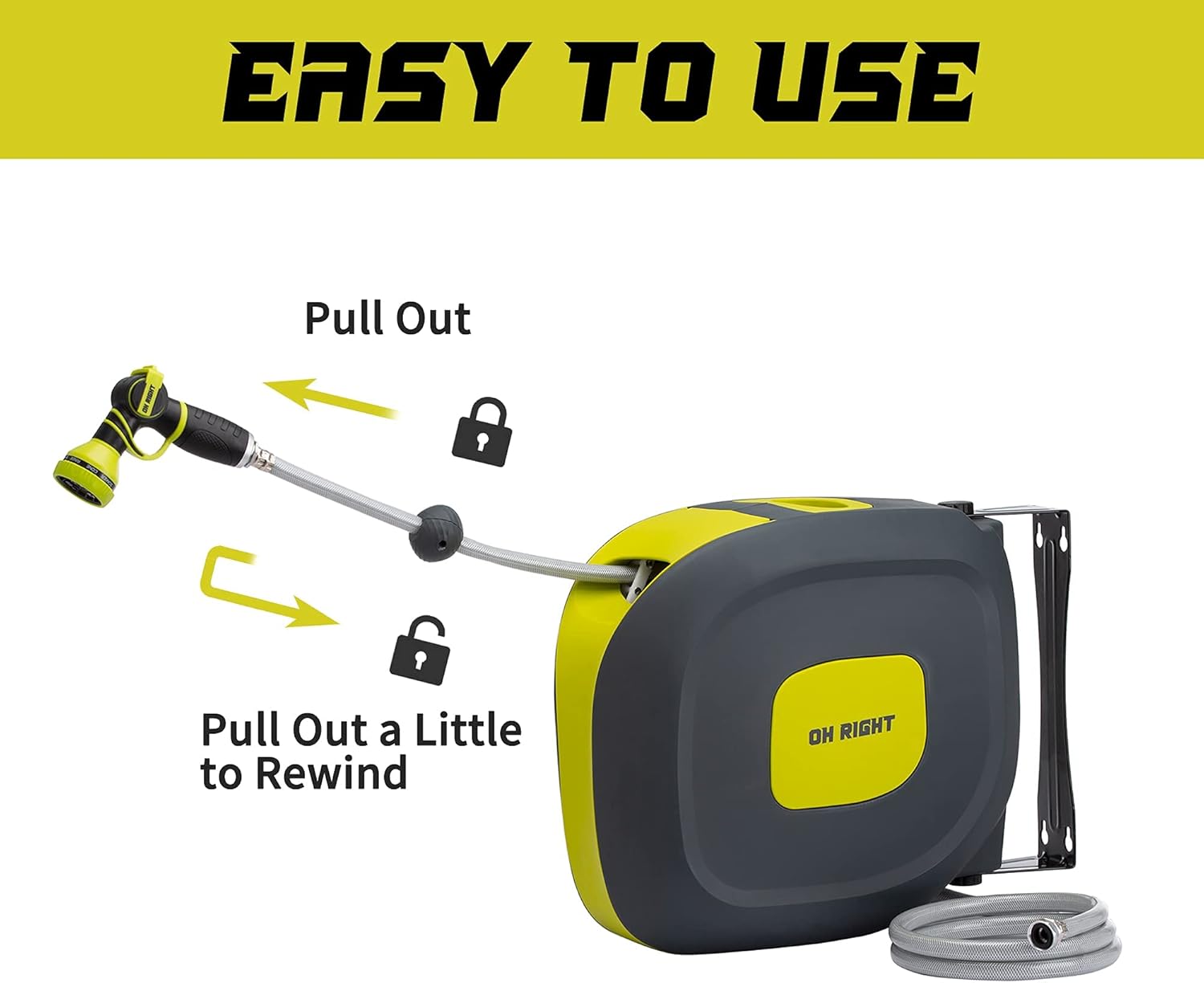 Oh right Retractable Garden Hose Reel 1/2" 115'+5' with 180°Swivel Metal Bracket, Wall Mounted Water Hose Reel with 9 Pattern Nozzle