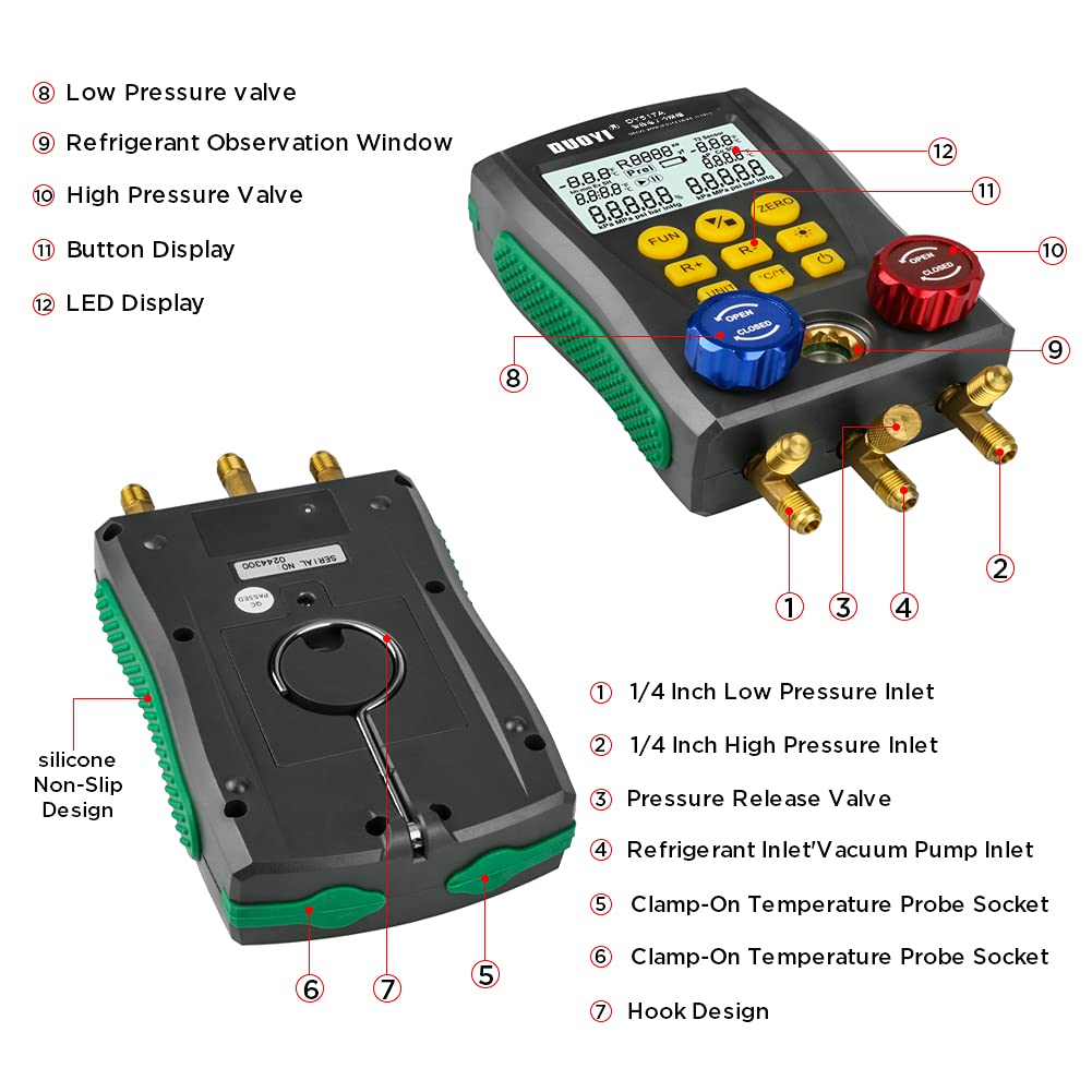Digital Manifold Gauge Set Pressure&Temp Test HVAC Manifold Pressure Leak Test Digital Refrigerant Gauges Vacuum HVAC Gauges with Refrigerant Hoses&Temperature Clamps&LCD Display for Air Conditioning