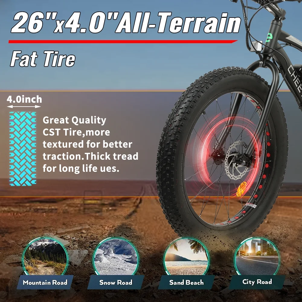 Ecotric 26 In. Electric Bicycle Fat Tire Wheel Snow Beach Mountain E-Riding Adult 36V 500 W Moped E bike A-E516646