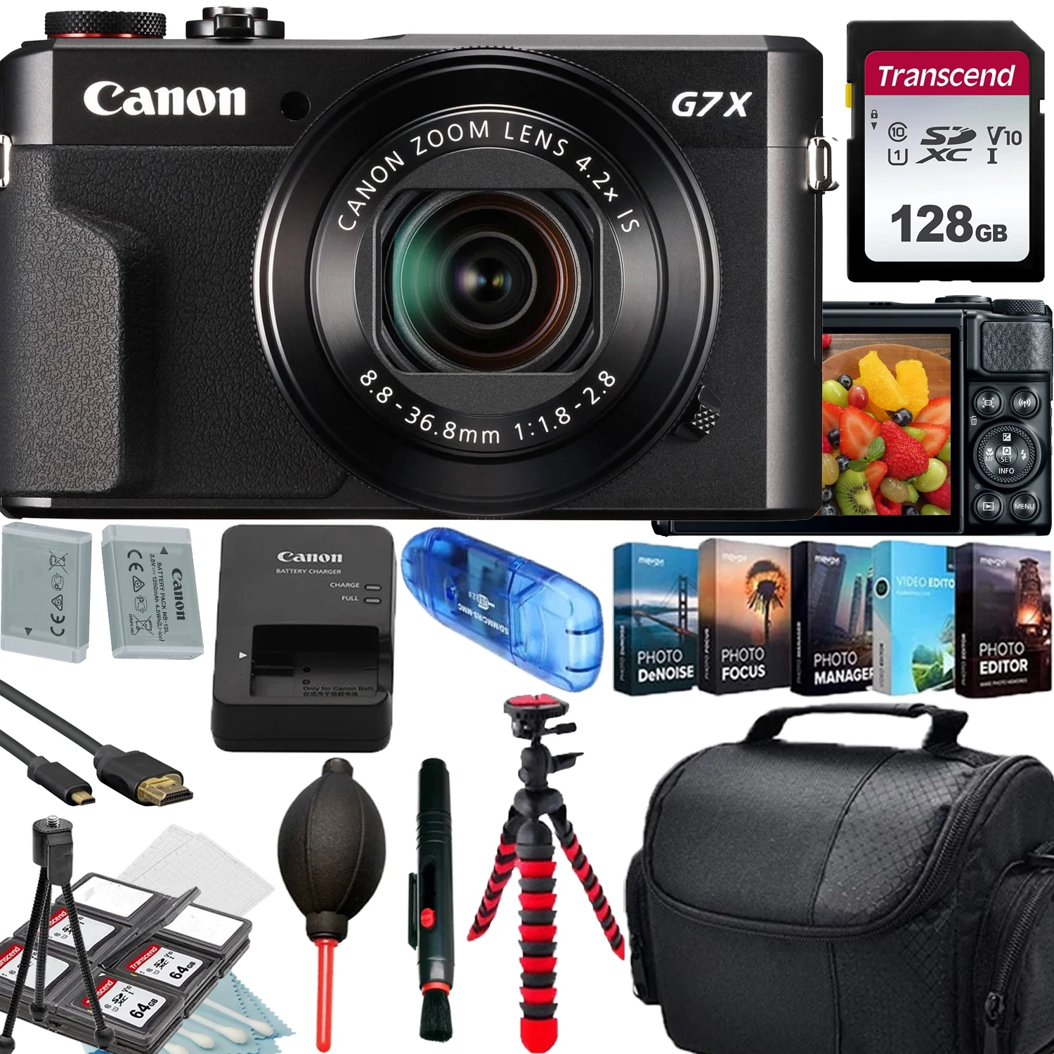 Canon PowerShot G7 X Mark II Digital Camera (Black)+128GB Memory Card+Camera Shoulder Bag+12 inch Flexible Spider Tripod+Deluxe Accessory Bundle - Curated Treasures Market