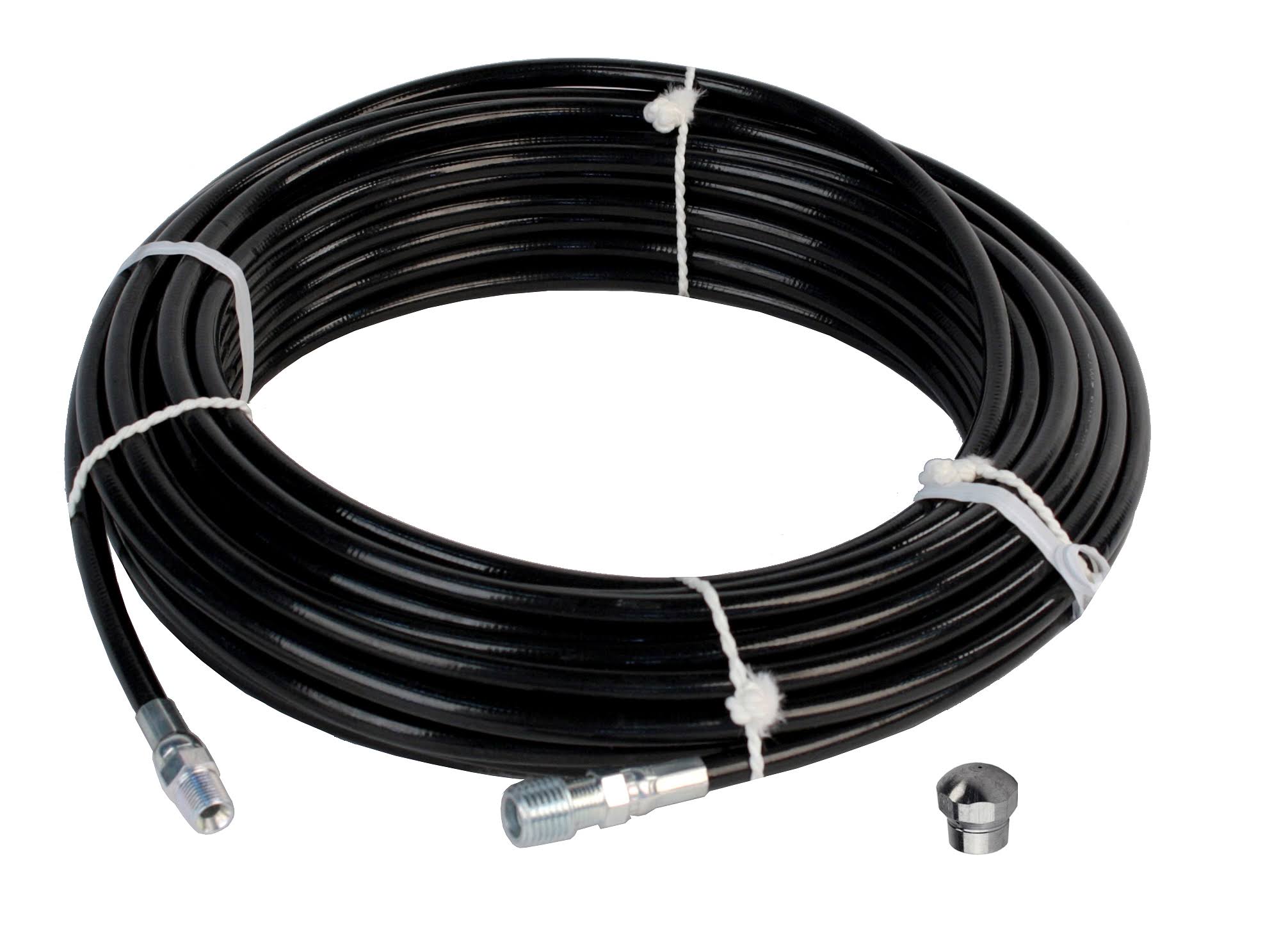 Schieffer 1/8in. x 100ft. 4800 PSI Thermoplastic Sewer Jetter Hose u0026 6.0 Orifice Button Nose Nozzle, Black