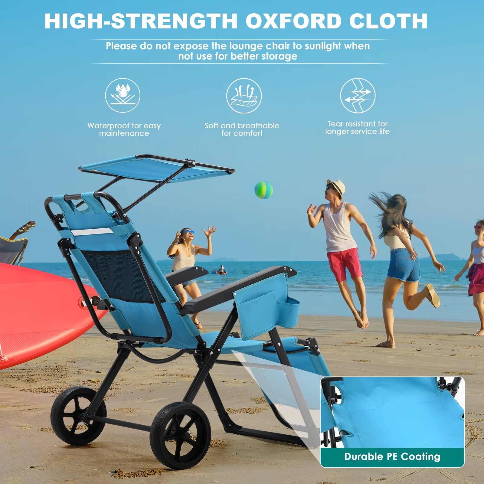 MOPHOTO Canopy Beach Chair Support 300bls, 2 in 1 Beach Cart Chair with Large Wheels, Outdoor Sunbathing Folding Beach Tanning Chair Sun Chair with Shade, Perfect for Beach, Backyard, Pool