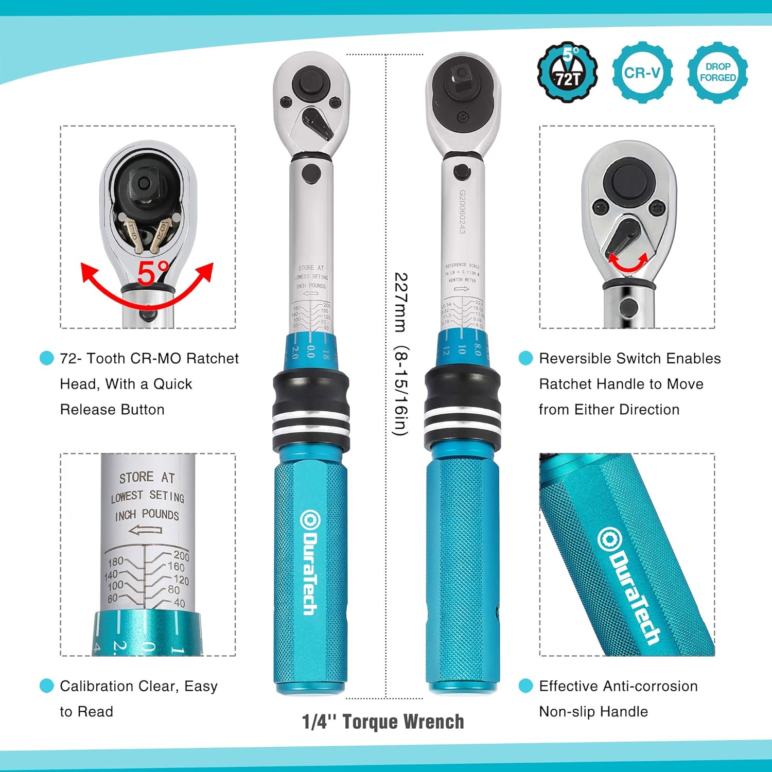 DURATECH 1/2-Inch Drive Click Torque Wrench, 30-160 Ft-lb, with Socket Adapter, Extensions Bar, Storage Case Included
