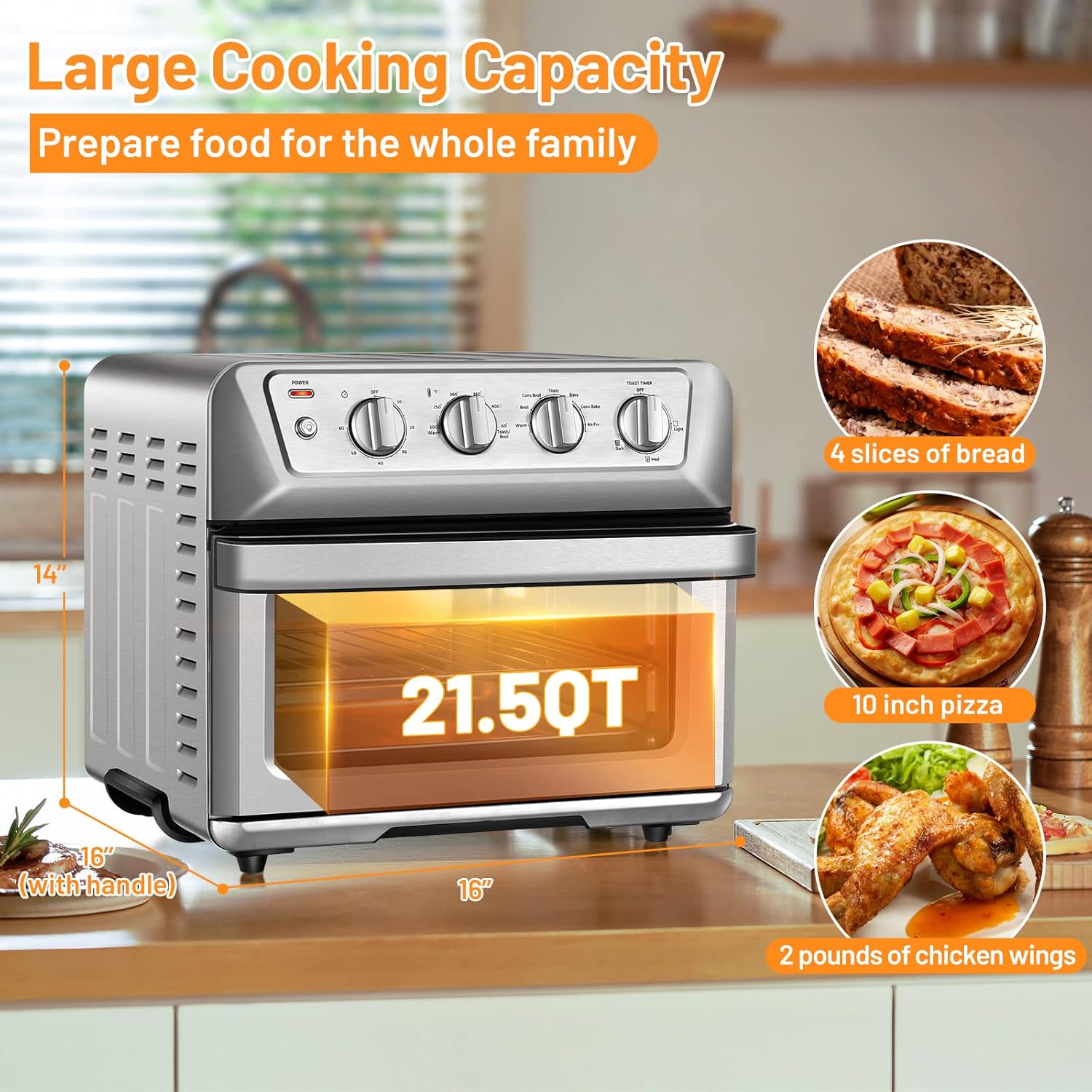 21.5 QT Air Fryer Toaster Oven, 7-in-1 Air Fryer Oven Combo w/Timer, Auto Shut-off, Accessories Recipe, Stainless Steel Convection Countertop Oven for Bake, Broil, Toast, Reheat, Fry