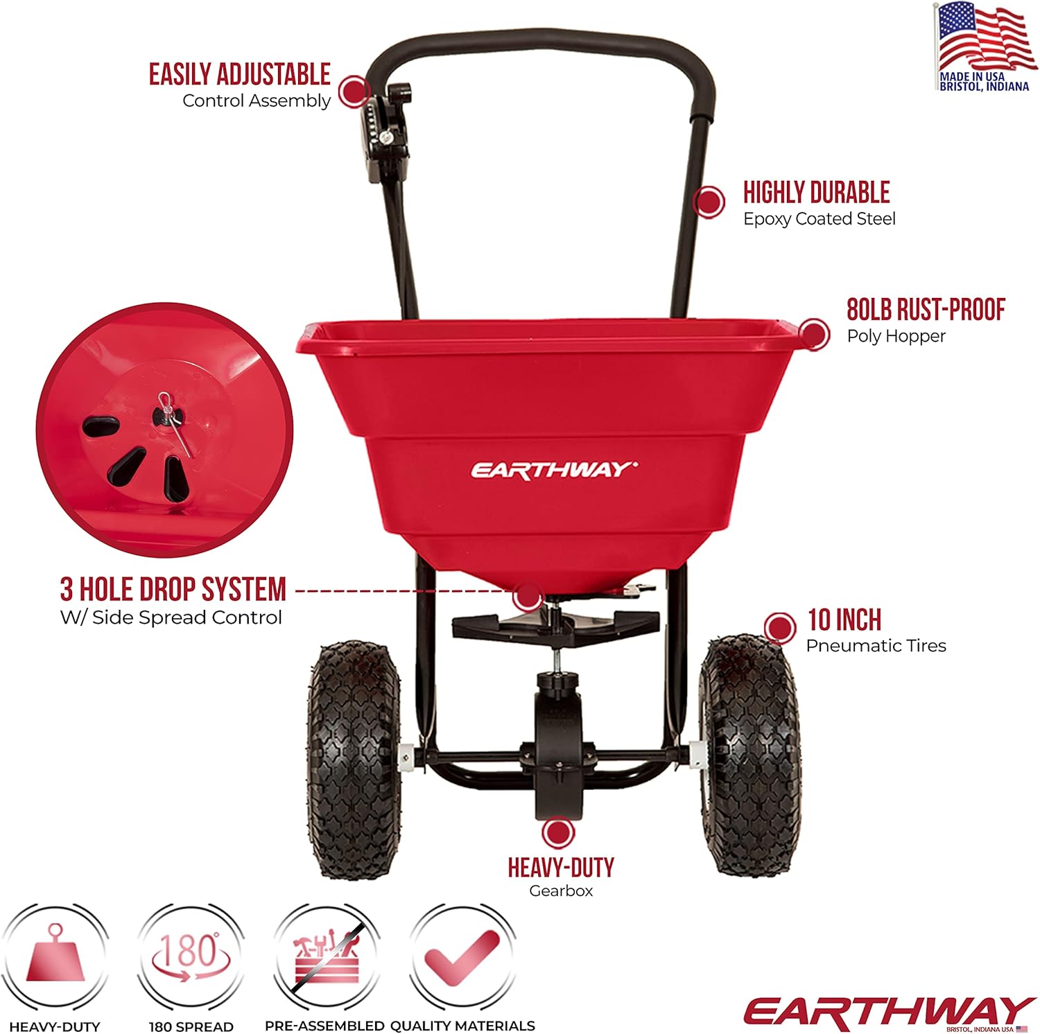 EarthWay 2050P Deluxe 80 LBS Heavy-Duty Walk Behind Commercial Broadcast Spreader with Pneumatic Tires, Even Spread, Built-in Side Spread Control and Pre-Assembled