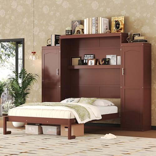 KLMM Wooden Murphy Bed Wall Bed with 2 Wardrobe and Storage Shelf,Foldable Platform Bedframe for Guest-Room Bedroom Study Office Use (White#E, Full)