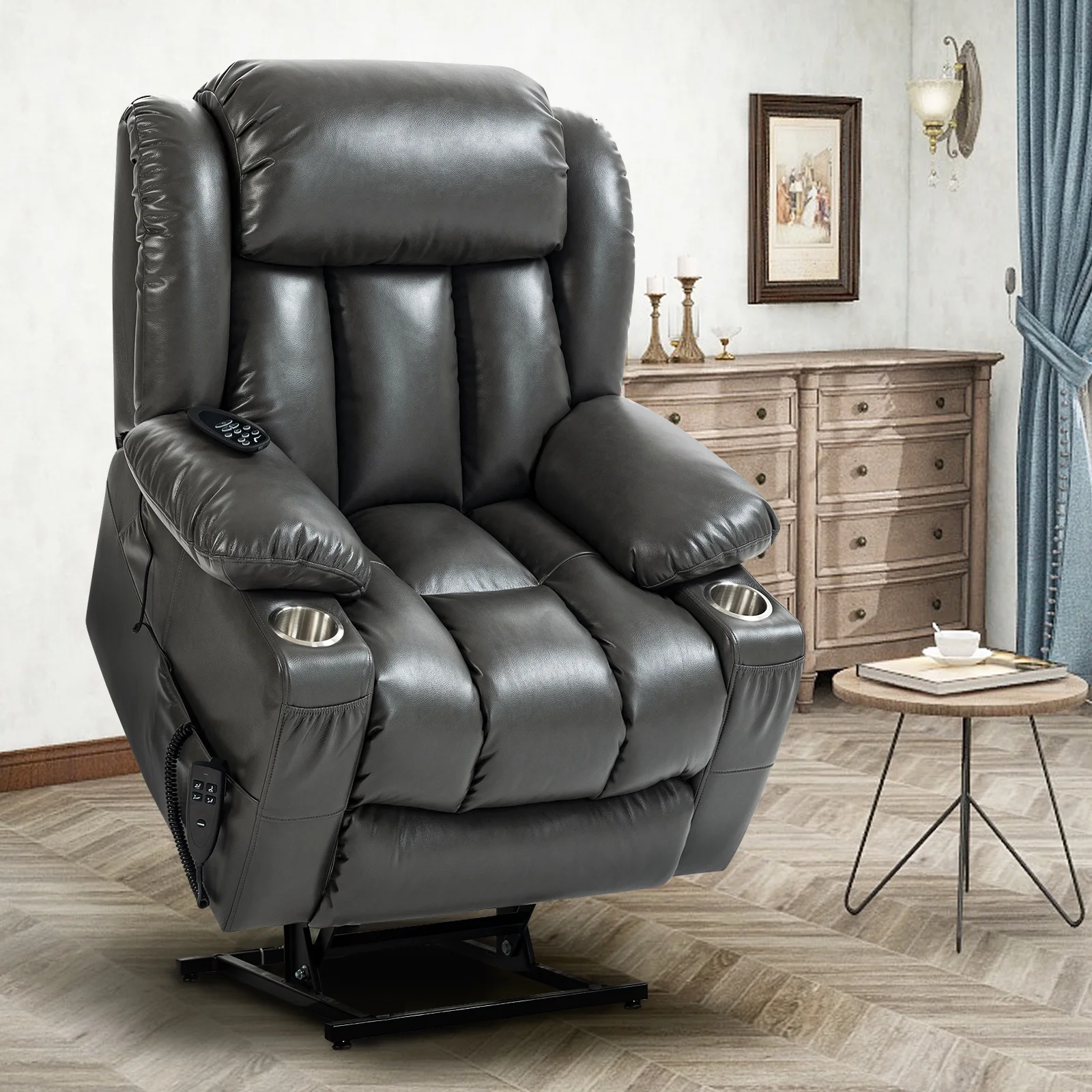 Lay Flat Dual Motor Power Lift Recliner Chair, Electric Power Lift Recliner with Massage, Home Theater Seating with Cup Holders, Massage Recliner Chair for Living Room, Bedroom, Gray
