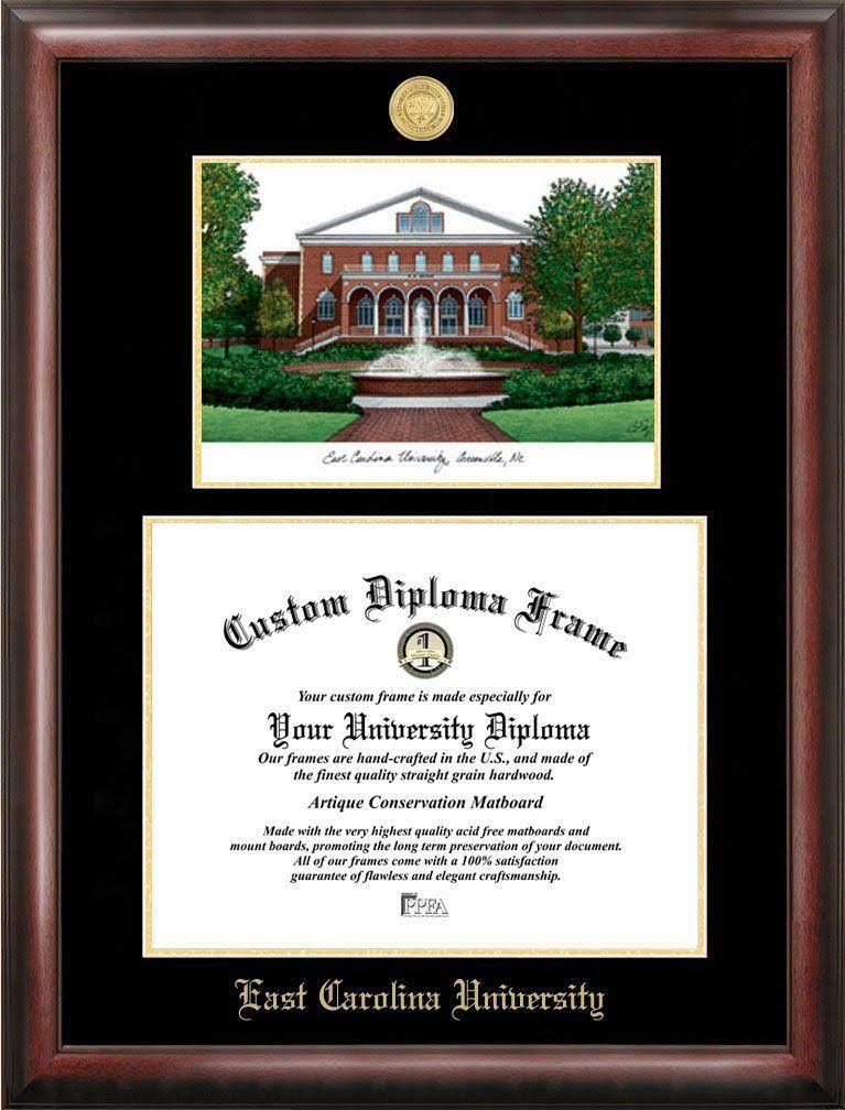 East Carolina University 11x22 x 14x22 Gold Embossed Diploma Frame with Campus Images Lithograph