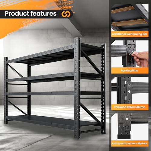 71” W Storage Shelves Heavy Duty, 5000LBS Metal Garage Shelving Units, 4 Tier Storage rack shelf, Steel Industrial Shelving , Adjustable Standing Shelf for Basement/Warehouse 71"W x 24"D x 70"H, Black