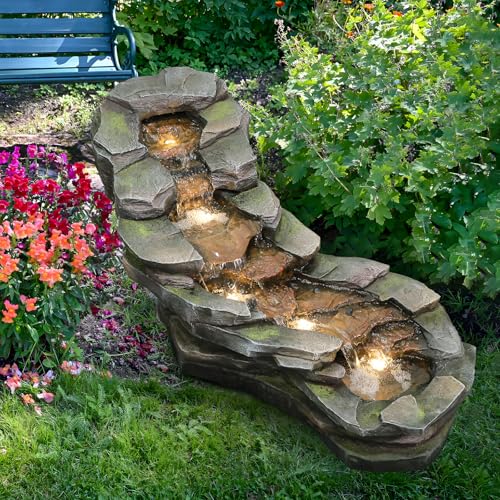 37" L Garden Outdoor Water Fountain, Floor Standing 5-Tiers Rock Natural Waterfall Outdoor Fountains with LED Lights for Patio, Porch, Home Art Decor