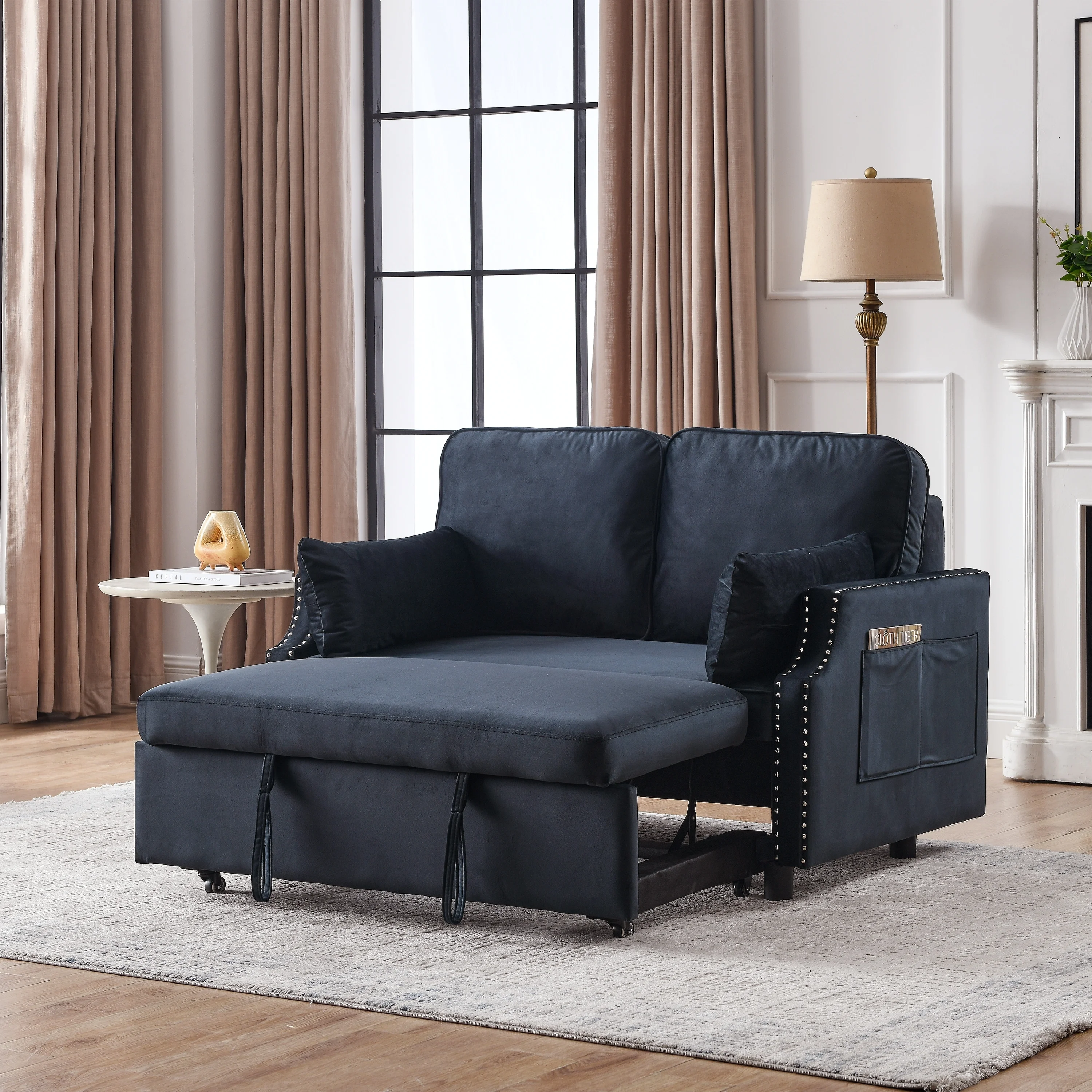 Velvet Upholstered Recliner Bed with Pull-out Sleeper Sofa, Folding Black Loveseat Sofa Bed with Side Pockets for Living Room