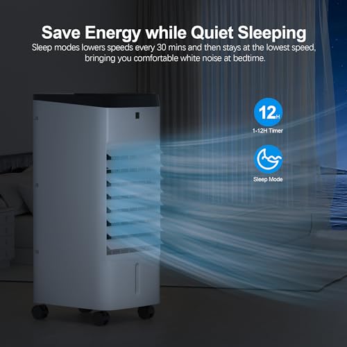 Uthfy Evaporative Air Cooler, 3 In 1 Swamp Cooler with 6 Ice Packs, Remote, 12H Timer, Portable Evaporative Cooler with 70° Oscillation, 3 Speeds, 3 Modes