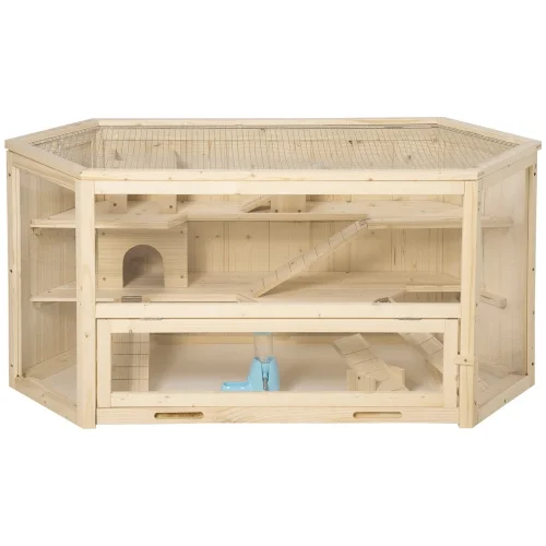 PawHut Wooden Large Hamster Cage Small Animal Exercise Play House 3 Tier with Tray, Seesaws, Water Bottle, Activity Center, Natural - Curated Treasures Market