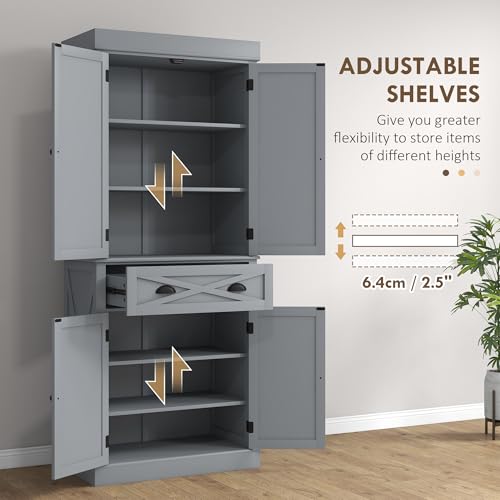 HOMCOM 72" Kitchen Pantry Storage Cabinet, Traditional Freestanding Cupboard with 4 Doors and 3 Adjustable Shelves, Large Central Drawer, X-Frame, White