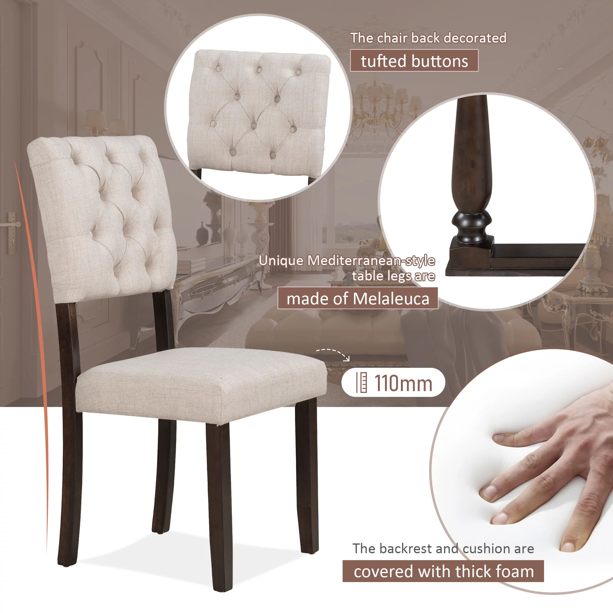 Besthome 6-Piece Dining Table and Chair Set with Special-shaped Legs and Foam-covered Seat Backs&Cushions for Dining Room (Espresso)