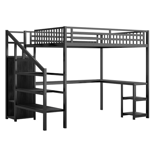 Full Size Loft Bed with Stairs and Storage, Metal Loft Bed Frame with Bedside Shelf and Large Under-Bed Space, Heavy-Duty Bed for Adults Teens and Kids, Black