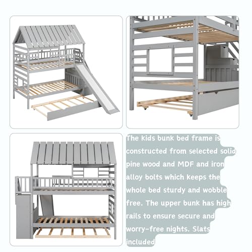 MERITLINE House Bunk Beds Twin Over Twin with Slide, Twin Bunk Bed with Storage Stairs and Trundle, Wood Kids Bunk Bed with Roof and Window Design for Girls, Boys,White