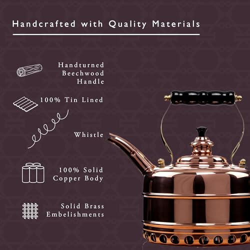 Simplex Tea Kettle, Solid Copper Whistling Tea Kettle for Gas and Electric Stoves, 1.9 Quart Tea Pot with Stay Cool Ergonomic Handle by Newey and Bloomer