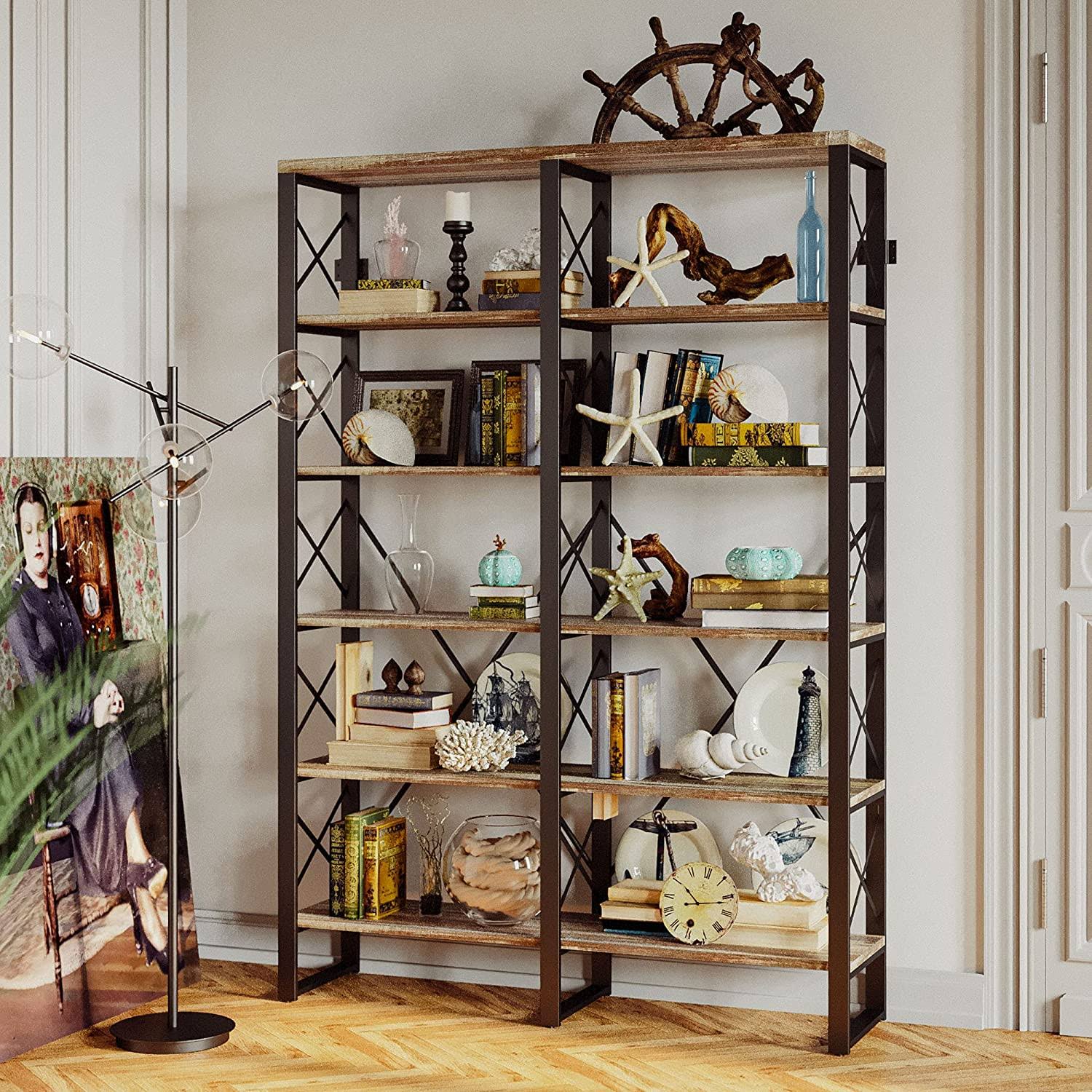 Ironck Industrial Bookshelf Double Wide 6-Tier, Open Large Bookcase, Wood and Metal Bookshelves for Home Office, Easy Assembly