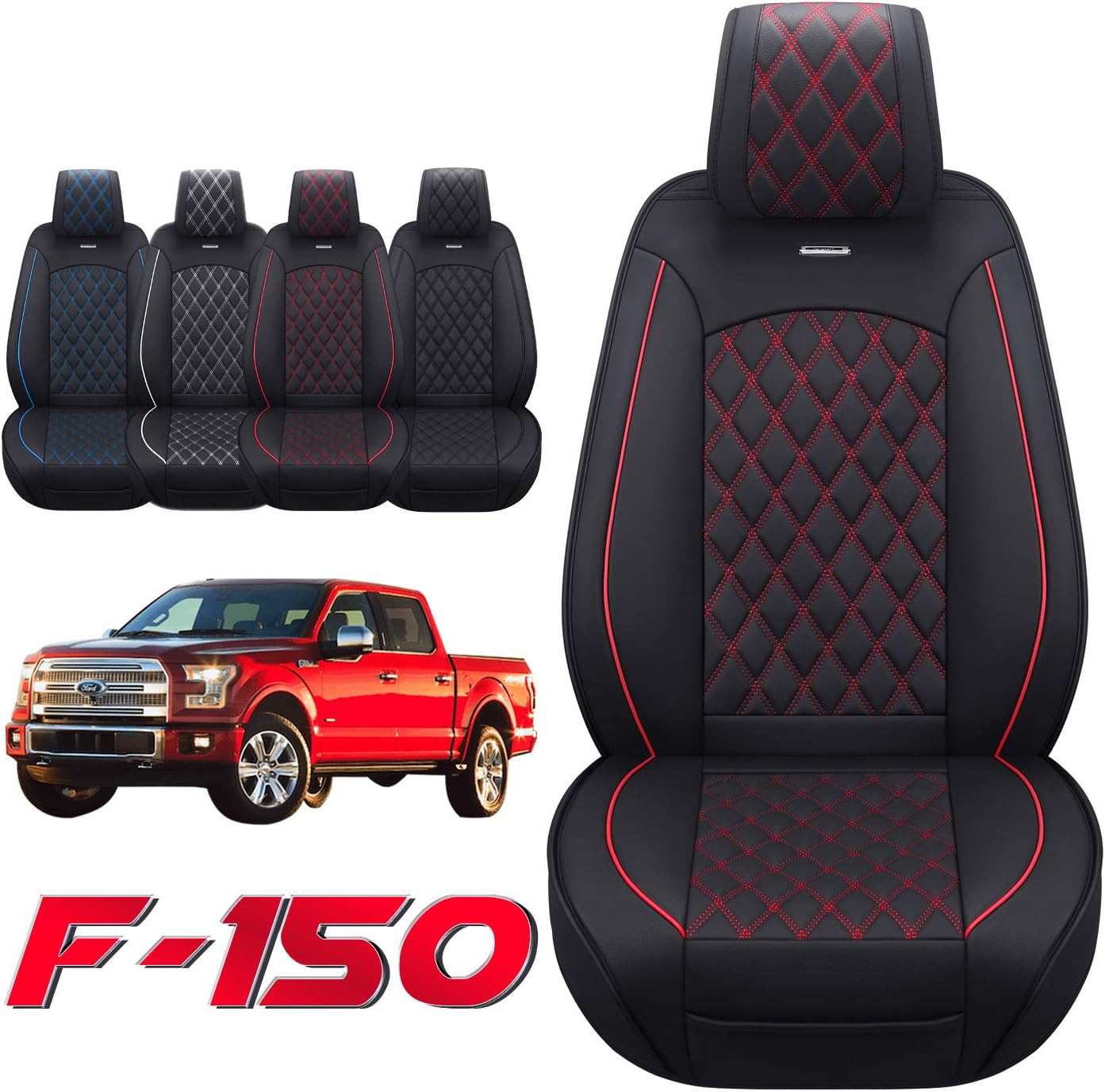 Aierxuan Car Seat Covers Full Set with Waterproof Leather, Automotive Vehicle Cushion Cover for Cars SUV Pick-up Truck Fit for 2009 to 2022 Ford F150 and 2017 to 2022 F250 F350 F450(Black and Blue)