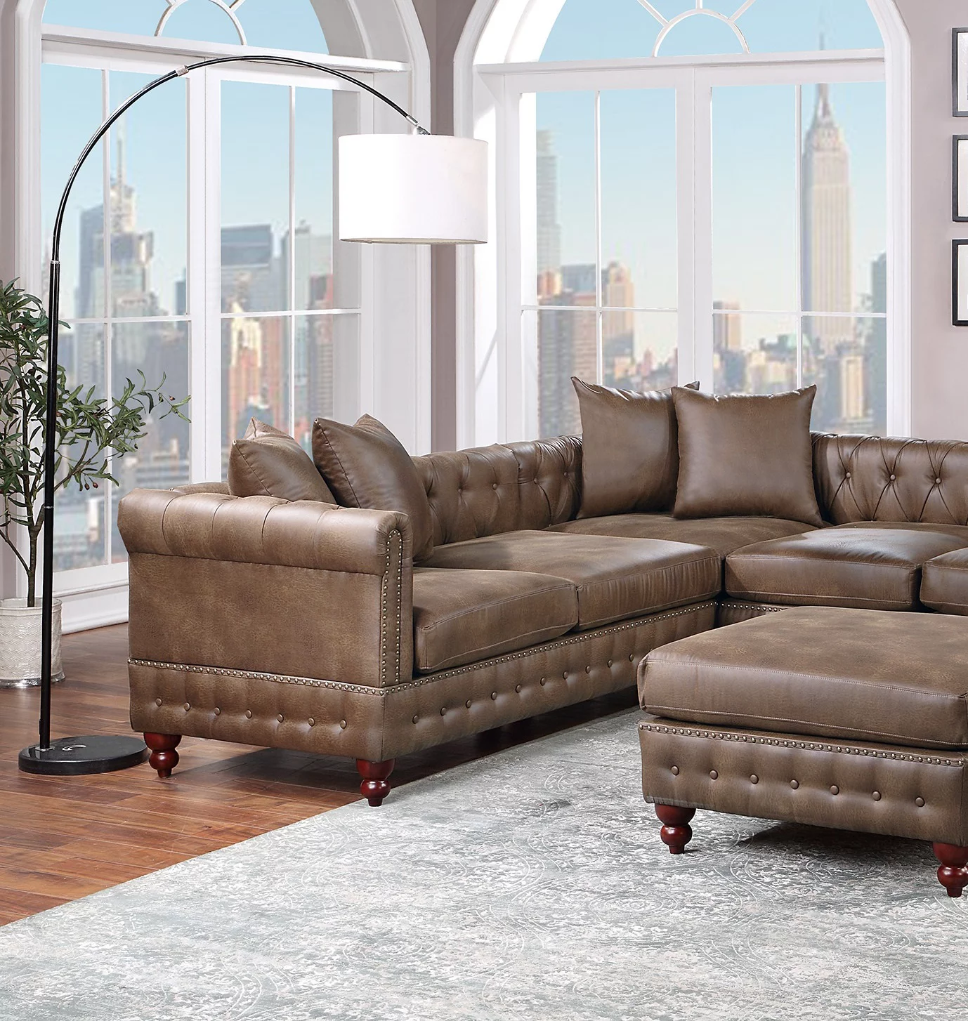 Dark Coffee Breathable Leatherette Solidwood Sectional 4pc Set Reversible Chaise Ottoman Tufted Couch Pillows Living Room