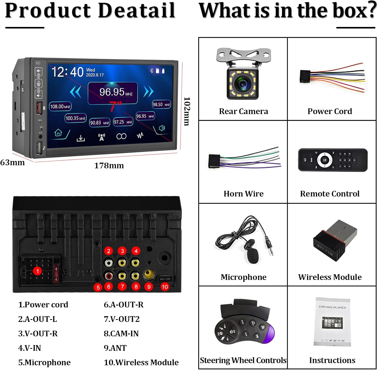 7 Inch Double Din Car Stereo with Carplay Android Auto Touch Screen Bluetooth Car Radio with FM Mirror Link USB SWC Backup Camera Remote Control Microphone