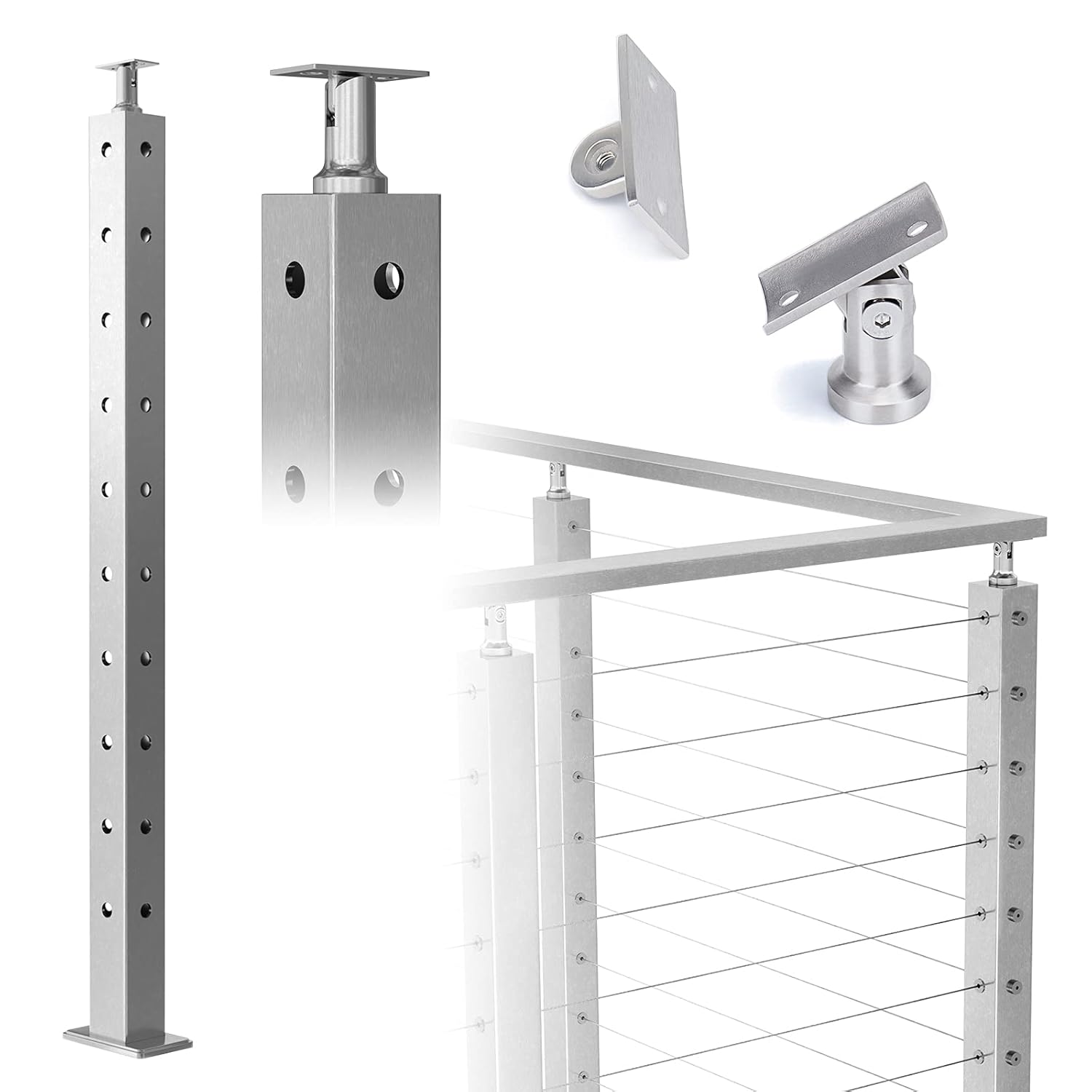 Muzata Cable Railing Post Square 36"x2"x2" Stainless Steel Brushed Finishing Pre-Drilled Post Surface Mount for Wood Concrete Level Deck Stair Balustrade fit Invisible kit PS01 LH4S, PT1 PT2 PT6