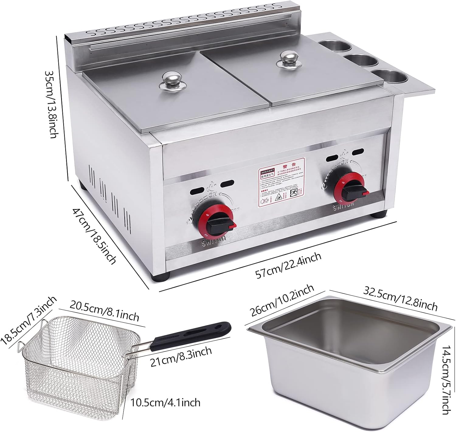 LYNICESHOP Stainless Steel Countertop Gas Fryer, Commercial LPG Gas Deep Fryer with 2 Basket Propane LPG Oil Frying Pot Kitchen Frying Machine Snack Fryer For French Fries Restaurant Home Kitchen